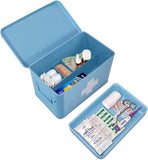 First Aid Medicine Box Supplies Kit Organizer - 13" Blue Metal Tin Medic Storage Bin Hard Case with Removable Tray White Cross, Vintage Antique Empty Boxes for Home Family Emergency Tool Set