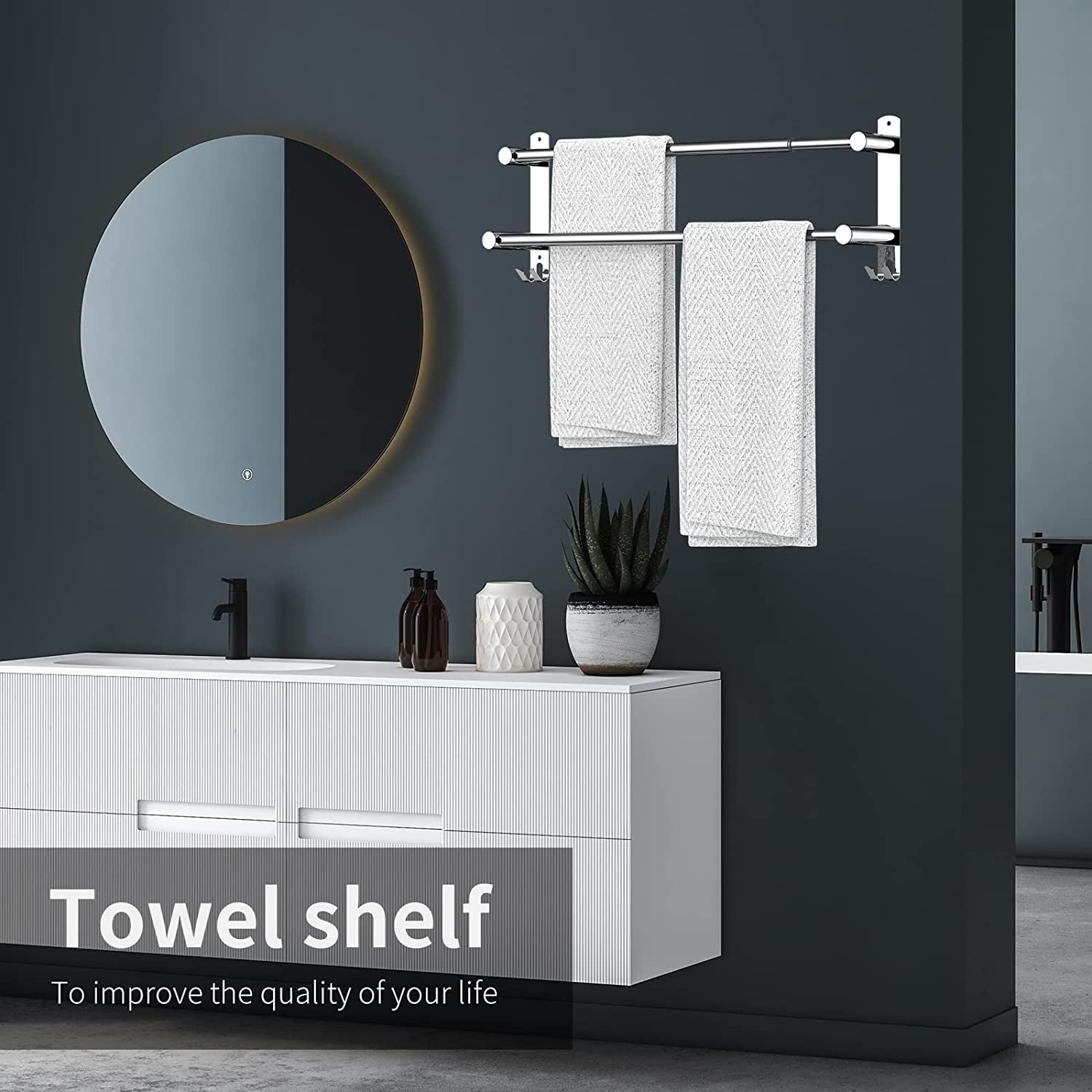 Stretchable 45-75 Cm(17-30 Inches) Towel Bar for Bathroom Kitchen Hand Towel Holder Dish Cloths Hanger SUS304 Stainless Steel RUSTPROOF Wall Mount No Drill Sdjustable (Two BAR)