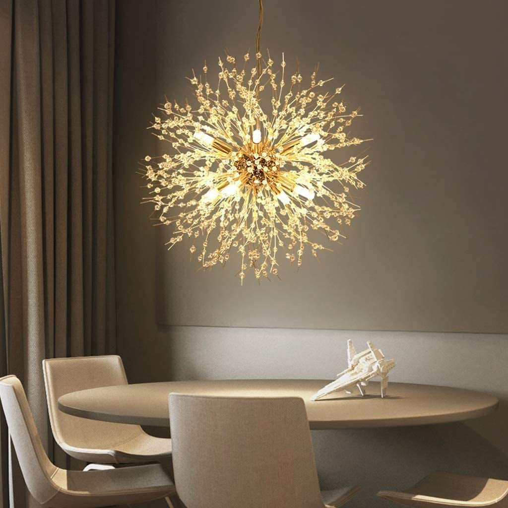 Modern Firework Chandeliers Dandelion Pendant Light, 8 Lights G9 Lamps Alloy Fixtures - with Bulb and 32 Strings Crystal, for Living Room, Bedroom, Dining, Foyer, Hallway, Shop (Gold, Warm Light)