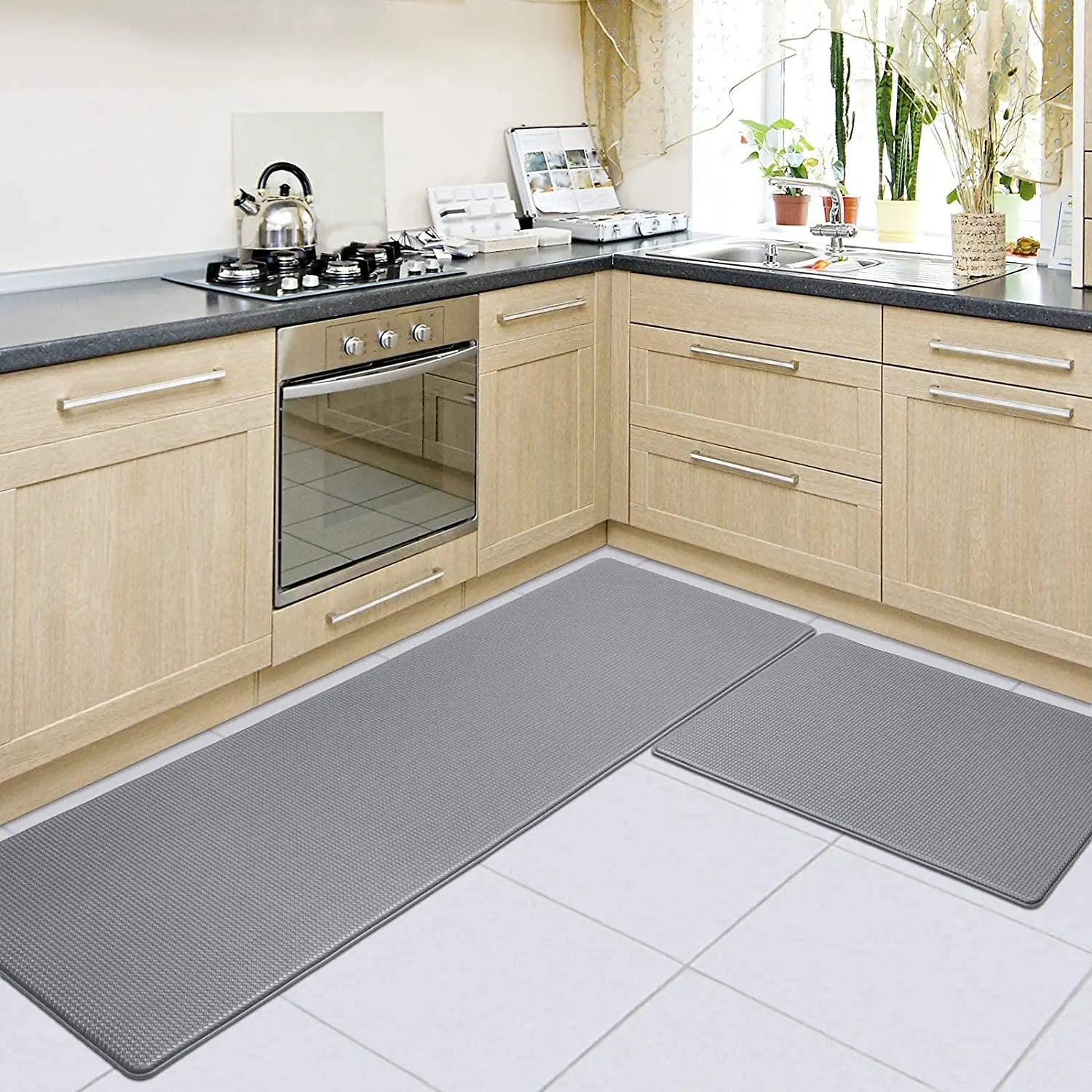 Kitchen Rugs and Mats, anti Fatigue Waterproof for Kitchen, Office & Garage，Non Skid Standing Kitchen Rug 2 Piece —（44X75Cm+44X150Cm）