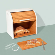 Load image into Gallery viewer, Homefully Double Layer Bread Box for Kitchen Storage &amp; Organisation with Chopping Board, 2 Layer Extra Large Wooden Roll Top Bread Bin
