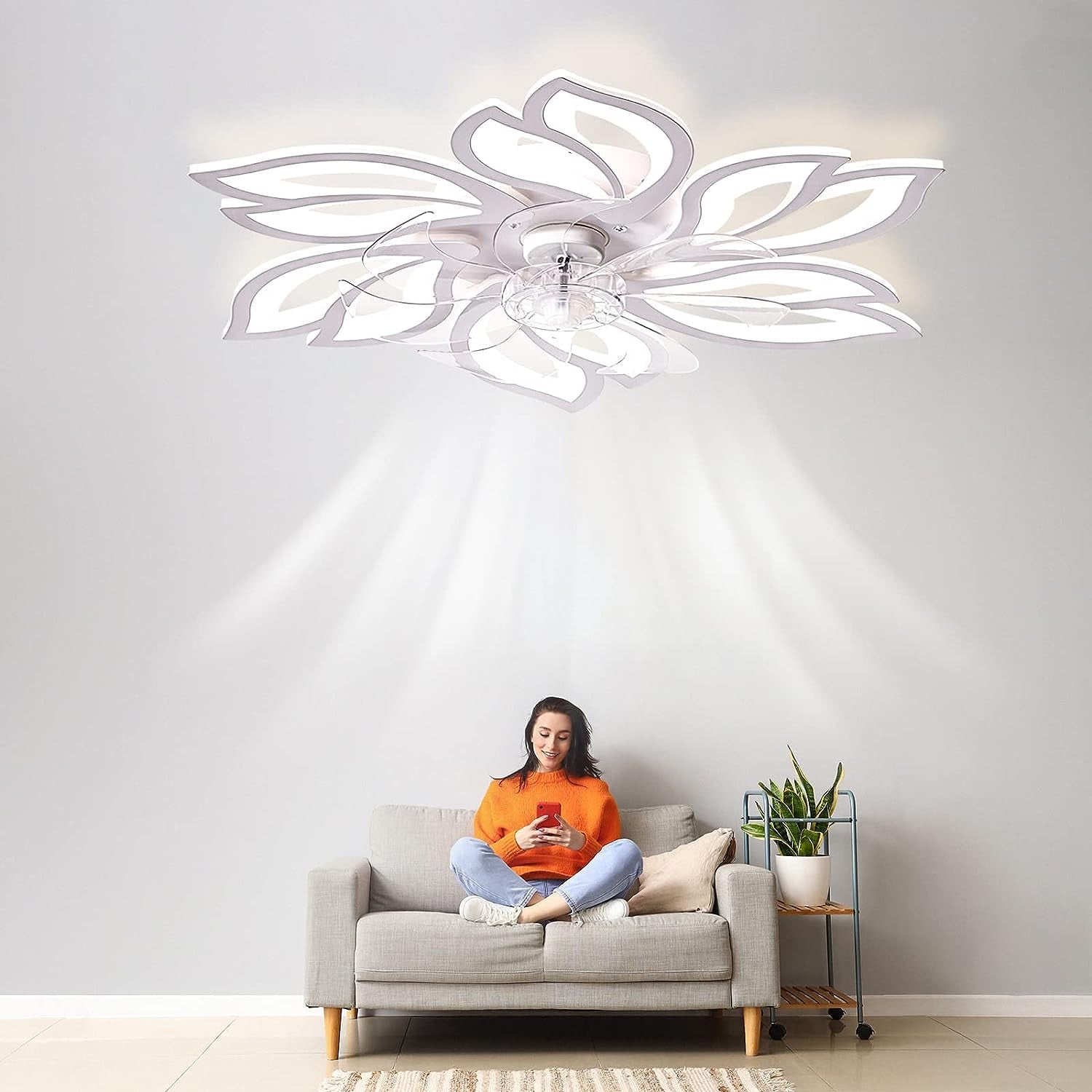 Modern Ceiling Light Whit Fan, Low Profile Ceiling Fans with Lights and Remote/App,Flush Mount Ceiling Light Fan,6 Wind Speed,3 Color Light,Ceiling Fan Light for Bedroom/Office (65Cm-White)