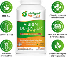 Load image into Gallery viewer, AREDS2 VISION DEFENDER AMD Supplement: Lutein, Zeaxanthin, Zinc, Vitamin E – AREDS 2 Eye Vitamins, Minerals, Nutrients for Eyes. 3 Months Supply (90 Tablets) One-A-Day Vegan Eye Supplement. Made in UK
