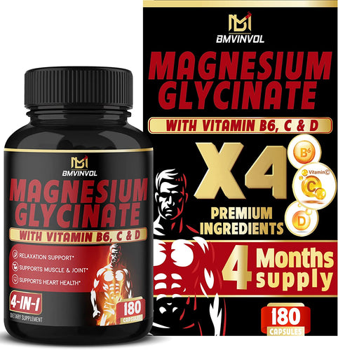 Magnesium Glycinate with Vitamin B6, Vitamin C, Vitamin D - 6 Months Supply - Natural Elemental Support for Sleep, Muscles, and Bones
