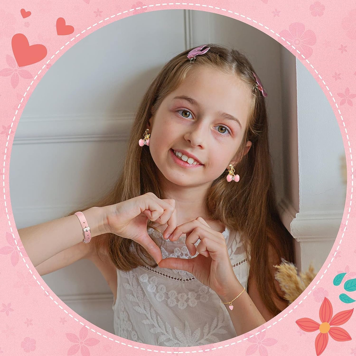 4 Pcs Children'S Watch and Silver Plated Jewellery Set Include Watch with Leather Strap, Necklace, 1 Pair Earrings and Bracelet for Kids Girls Birthday Gifts