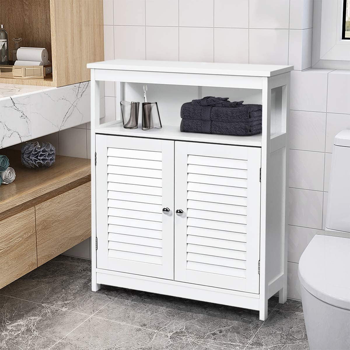 Bathroom Floor Cabinet, Wooden Storage Cabinet with Double Shutter Door & Adjustable Shelf, Freestanding Toilet Organiser, Side Table for Bathroom Living Room Bedroom, Laundry Cupboard, White/Grey (White)