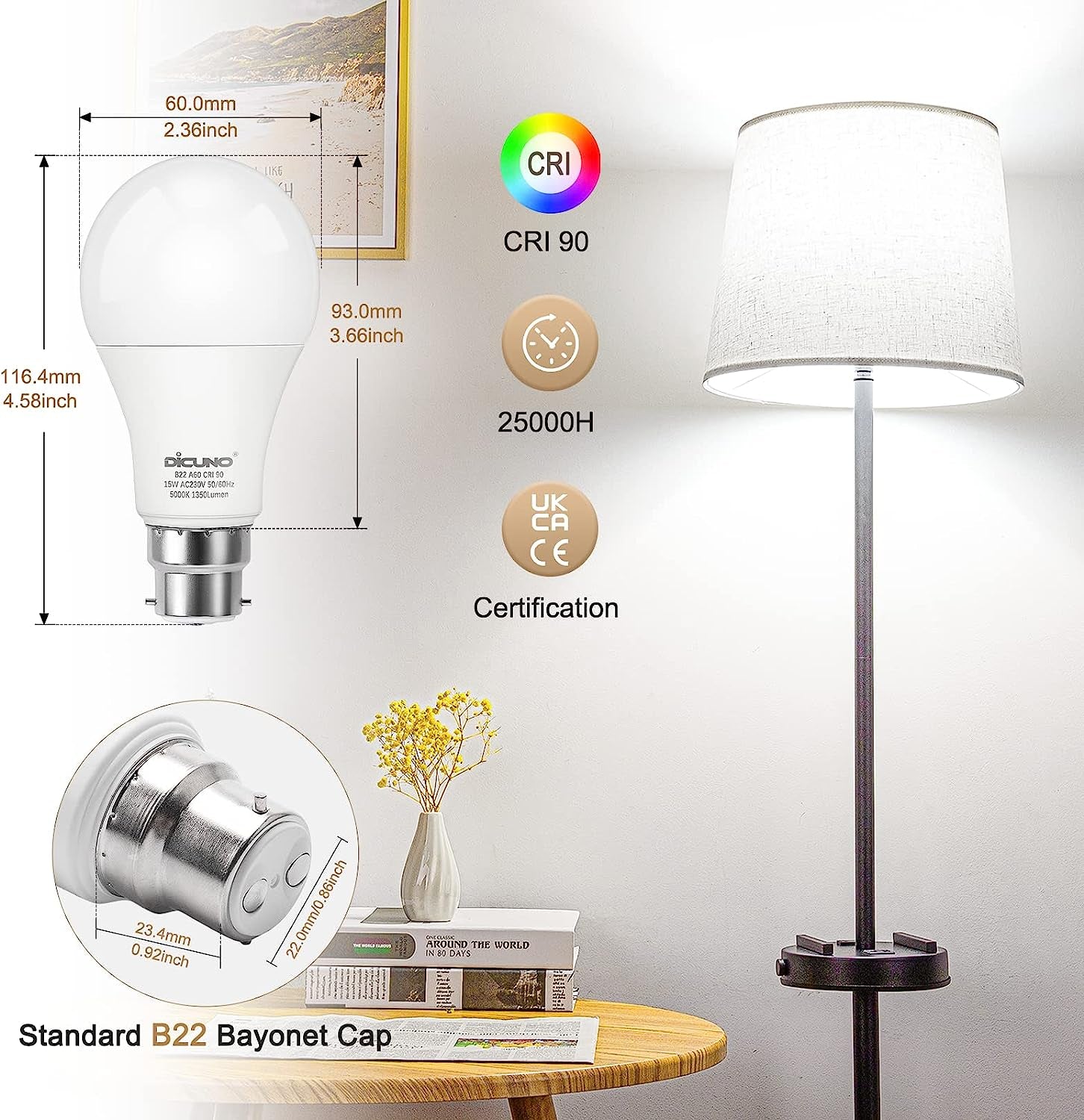 Light Bulbs, Bayonet B22 LED Bulb, 100W Equivalent, 5000K Daylight White, 15W 1350LM, CRI90, BC Frosted A60 Energy Saving Light Bulbs, Non-Dimmable, 6 Pack