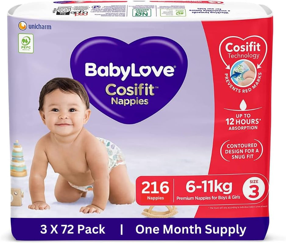 Babylove 216 Piece (3 Pack X 72) 1 Month Supply Premium Cosifit Nappies Size 3 Crawler 6-11Kg