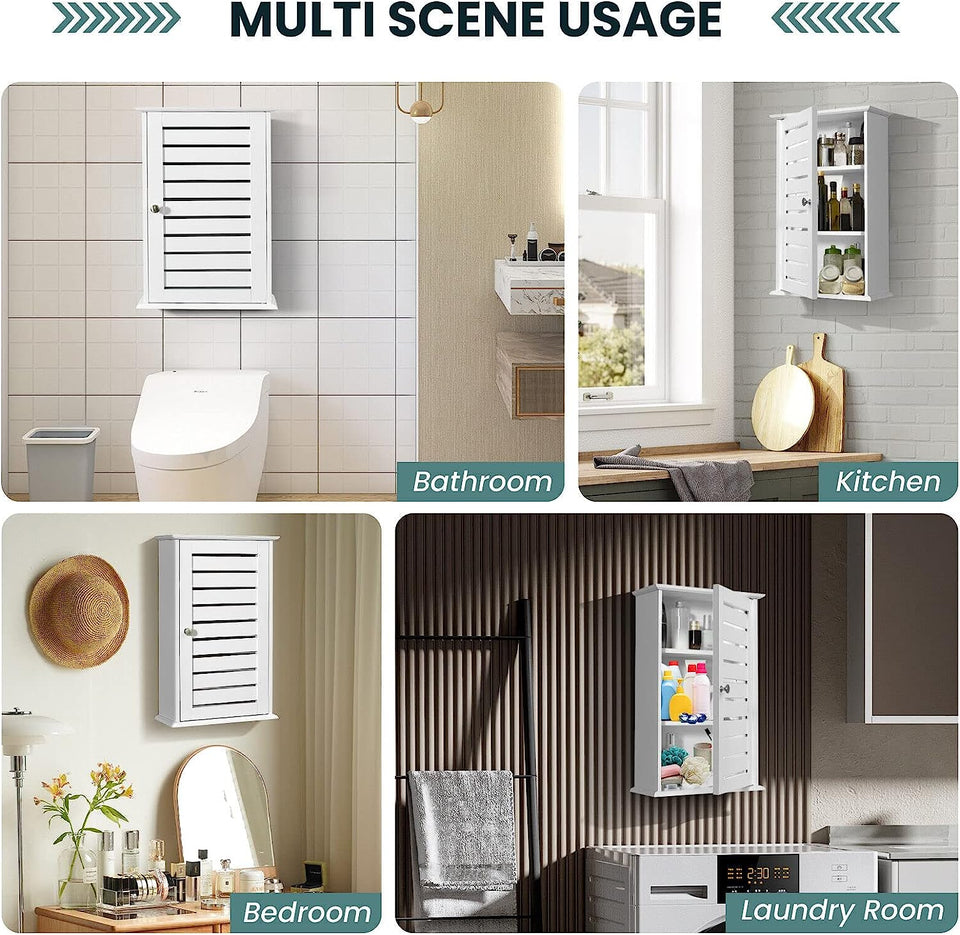 Wall Mounted Bathroom Cabinet, Wooden Medicine Cabinet with 2 Adjustable Shelves, Versatile Hanging Cupboard with Reversible Door for Living Room, Kitchen, Entryway, White