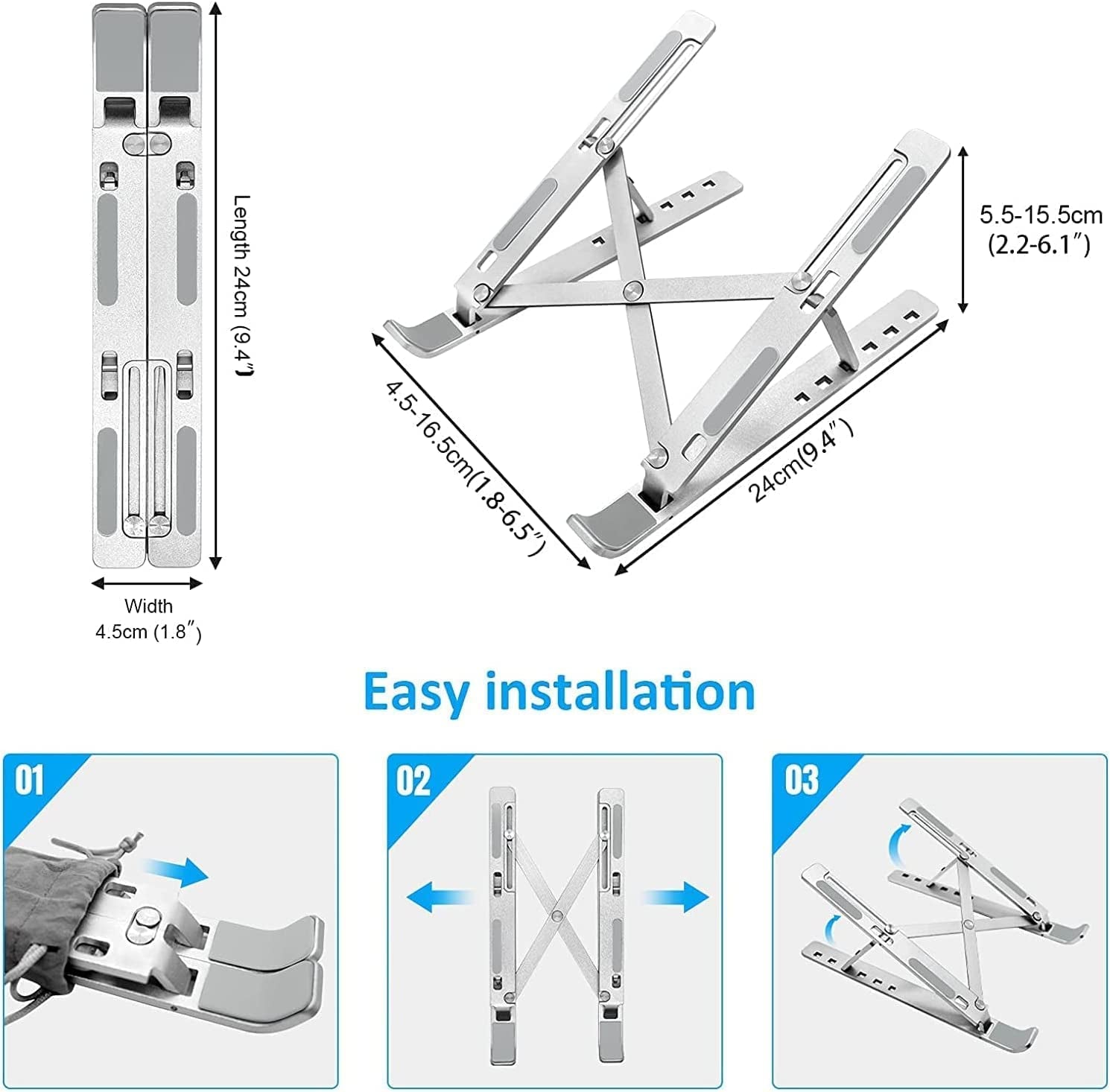 Laptop Stand for Desk, Aluminum Portable Computer Stand Holder, Ergonomic Aluminum Laptop Mount Stand Compatible with Macbook, Dell, Lenovo More 10-15.6'' Laptops (Silver)