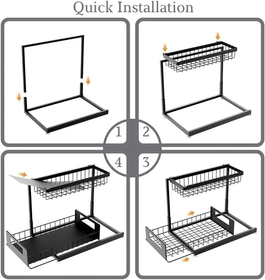2 Tier under Sink Organiser, Sliding Cabinet Drawer Storage with Non-Slip Pads, Home Kitchen Pantry Bathroom Basket Storage Organiser Pull Out Bins, under Sink Shelf Caddy Storage Organisation (Metal - Black)