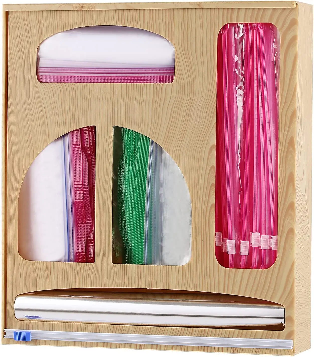 Ziplock Bag Storage Organizer, Foil and Plastic Wrap Dispenser with Cutter, Plastic Bag Organizer, Ziplock Bag Organizer for Gallon, Quart, Sandwich & Snack Etc.