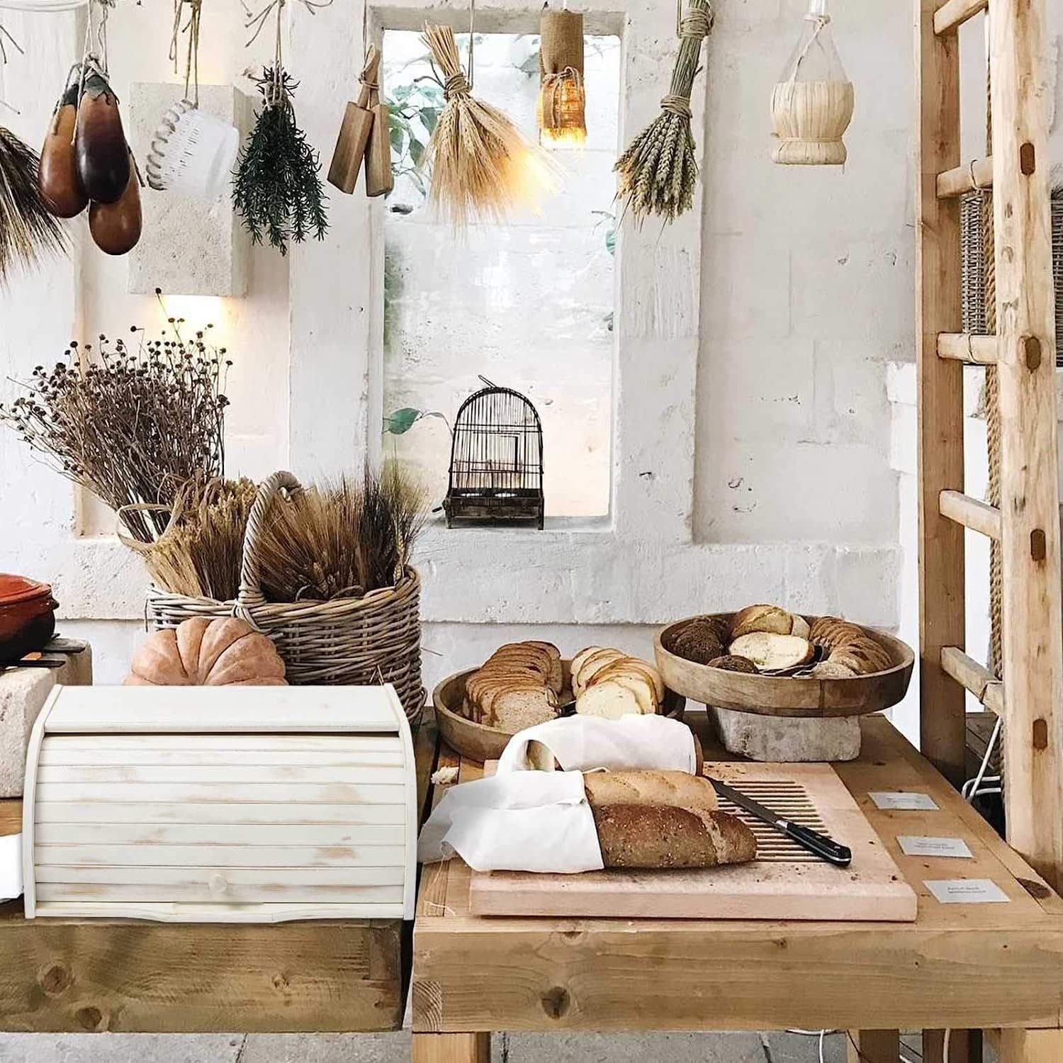 Bread Box - Bamboo Bread Bin for Kitchen Countertop Large Capacity Bread Storage Container Bread Box with Window Bread Holder Food Storage Kitchen Storage & Organisation, Self-Assembly (White)