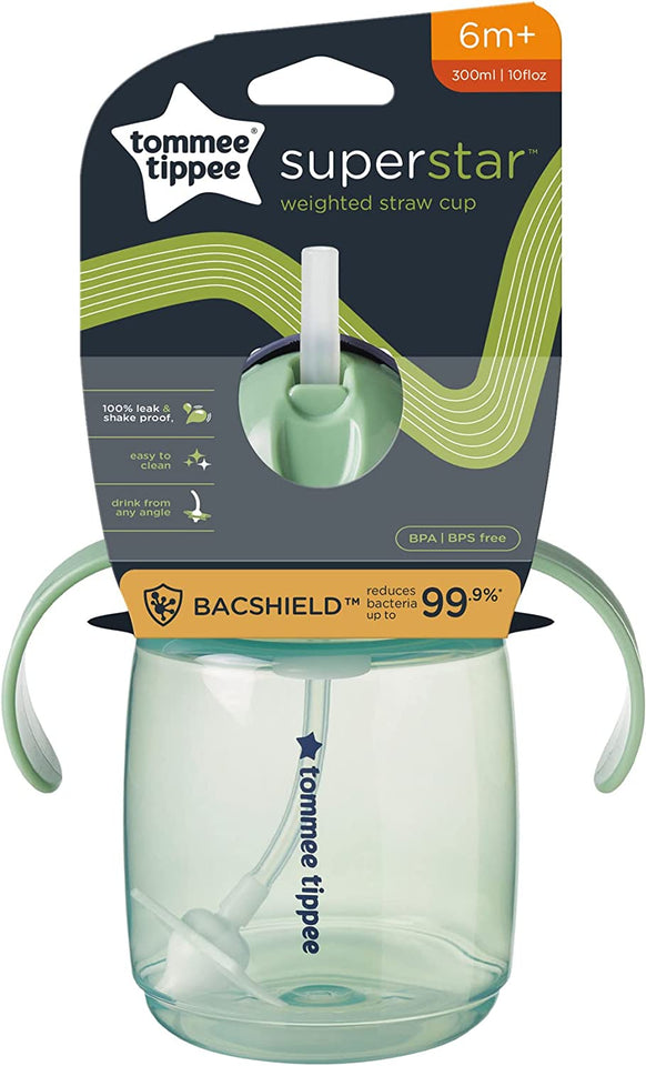 Superstar Weighted Straw Cup for Toddlers with INTELLIVALVE Leak and Shake-Proof Technology and BACSHIELD Antibacterial Technology, 300Ml, Pack of 1, Colours Vary