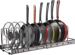 Pot Lid Organizer Pan Holder Rack with 10 Dividers and 4 Hooks, Expandable Cookware Rack for Kitchen Cabinet Cupboard Pantry, Skillet Frying Pan Pot Lid Storage -Bronze