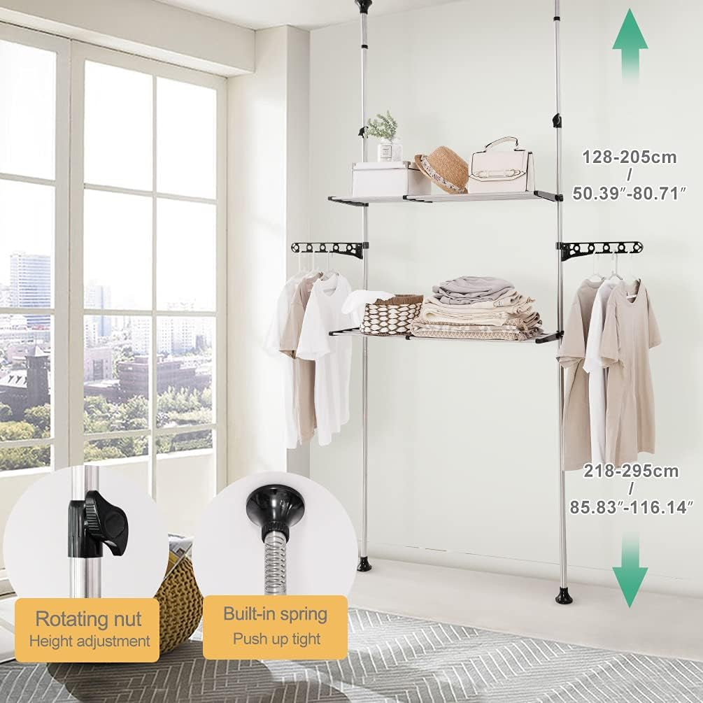 2-Layer Expandable Laundry Shelf over Washing Machine Storage Rack Tension Pole Space Saver Bathroom Organizer with Towels Clothes Hanger Hook