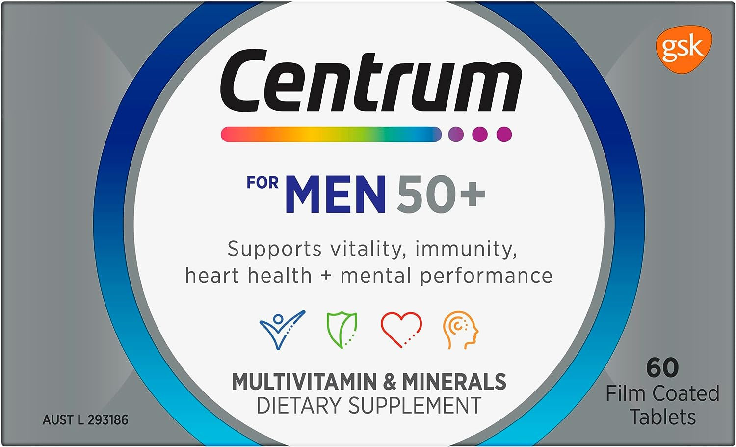 for Men 50+, Multivitamin with Vitamins & Minerals to Support Vitality, Immunity, Heart Health & Mental Performance, 60 Tablets