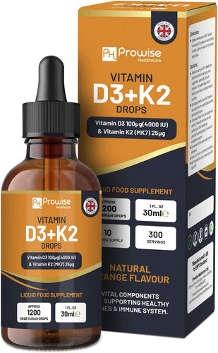 Vitamin D3 4000Iu + K2 MK7 25Μg I Orange Liquid Drops I High Strength 4000Iu D3 + 25Μg K2-30Ml Bottle I Fast Absorption I 1200 Vegetarian Drops - Made in UK by Prowise Healthcare