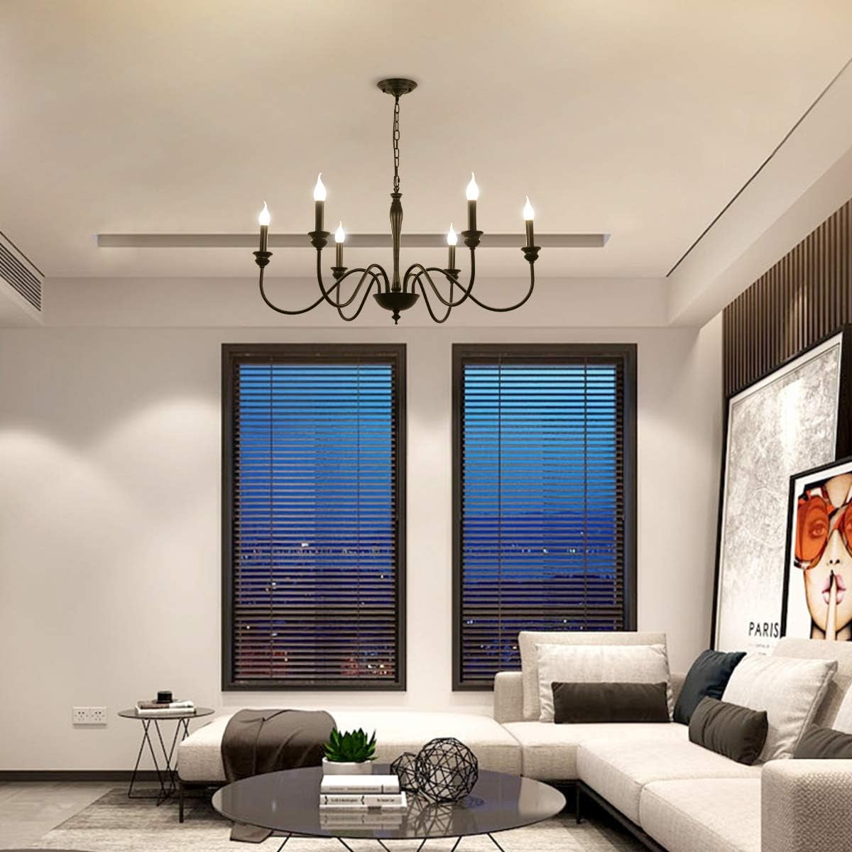 6-Light Farmhouse Chandeliers Black Classic Candle Ceiling Pendant Light Fixture Rustic Ceiling Chandelier for Foyer,Living Room,Kitchen Island,Dining Room