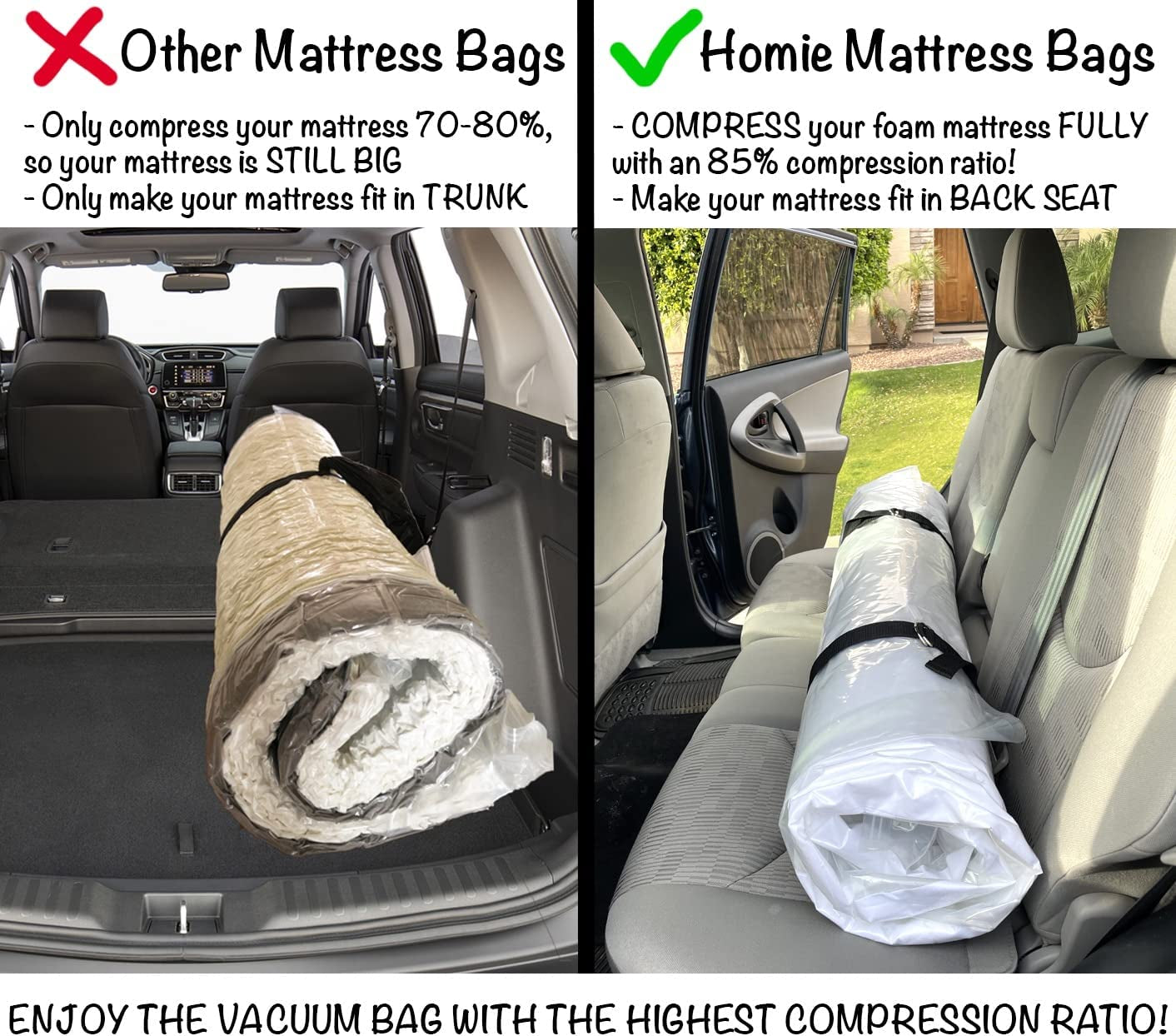 Mattress Vacuum Bag, Sealable Bag for Memory Foam or Inner Spring Mattresses, Compression and Storage for Moving and Returns, Leakproof Valve and Double Zip Seal (Queen/Full/Full-Xl)