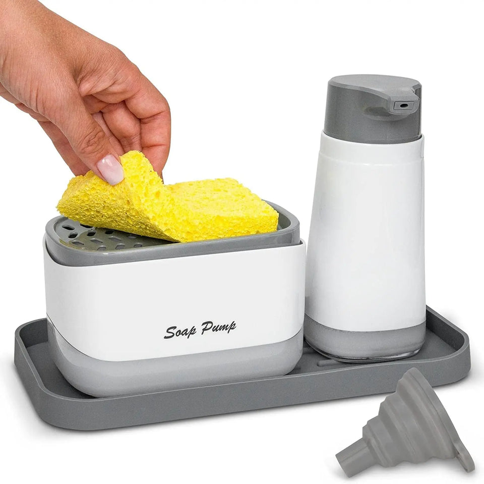 Kitchen Sink Caddy Set - Rust-Proof Dishwashing Soap Dispenser with Sponge Holder, Liquid Hand Soap Dispenser, Silicone Tray, Funnel and Sponge. Perfect Kitchen Sink Organiser by