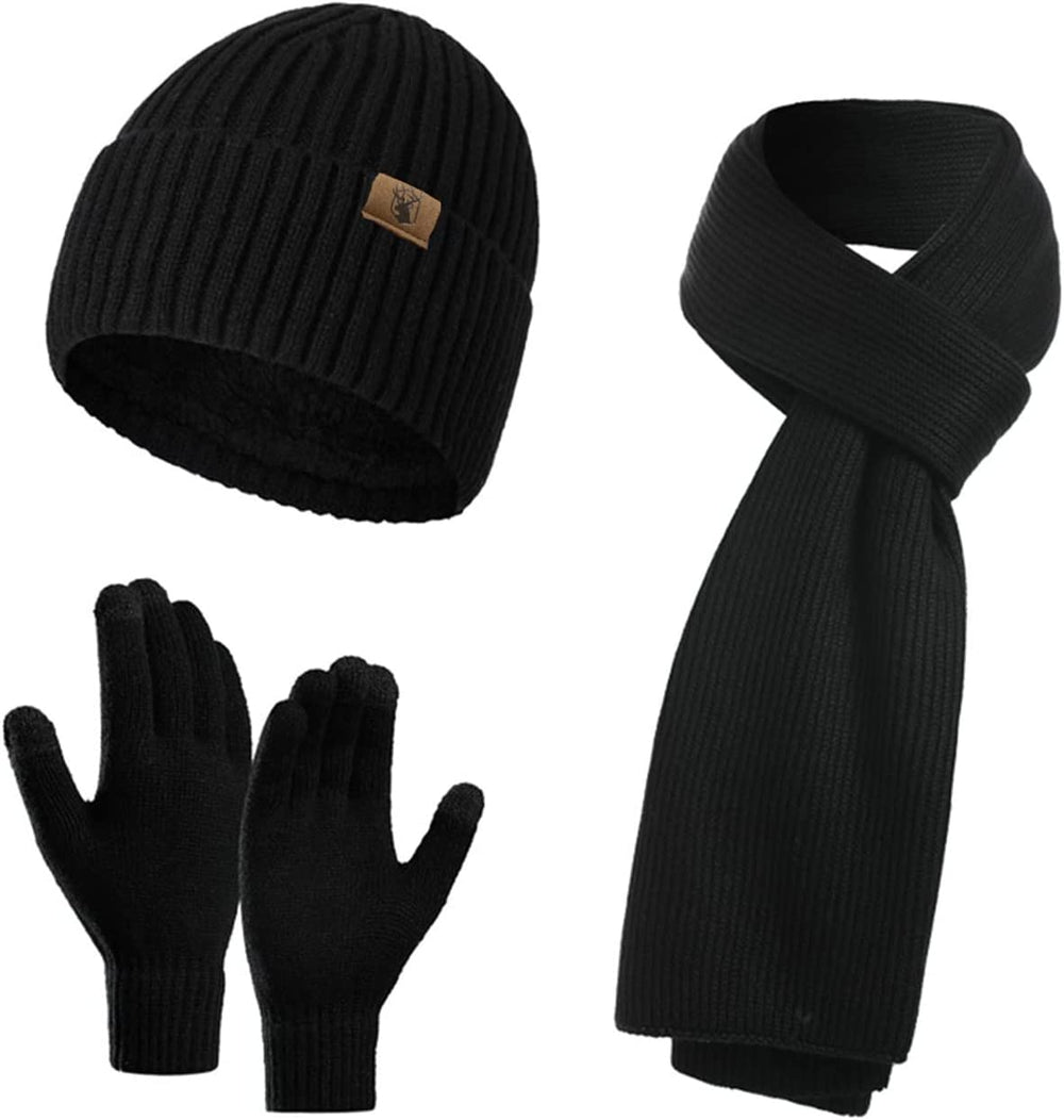 3 Pieces Winter Beanie Hat Scarf Touchscreen Gloves Set for Men&Women Warm Fleece Lining Knit Hat Scarves Slouchy Beanie