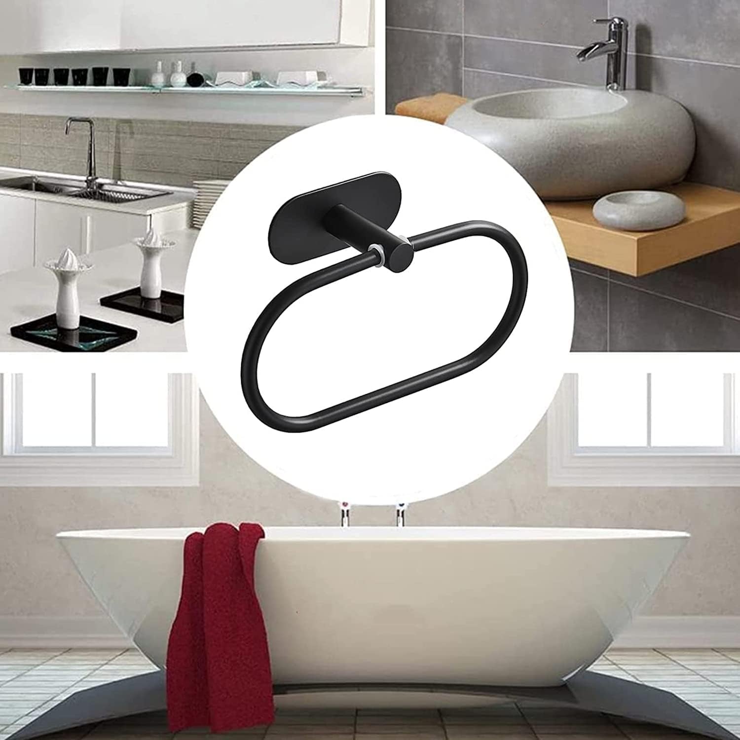 Stainless Steel Towel Ring No Drilling 3M Self Adhesive Towel Holder Bathroom and Kitchen Towel Rack （Black Oval）