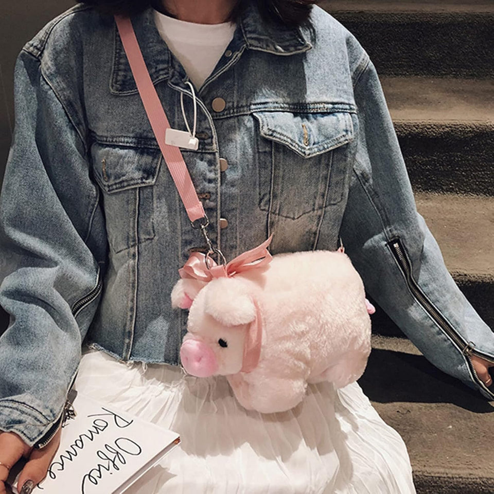 Plush Pig Crossbody Bag Cartoon Shoulder Bag Plush Animal Satchel Bag Kawaii Purse Handbag Messenger Bag for Kids Birthday Gift, Pink, Pink, Size M