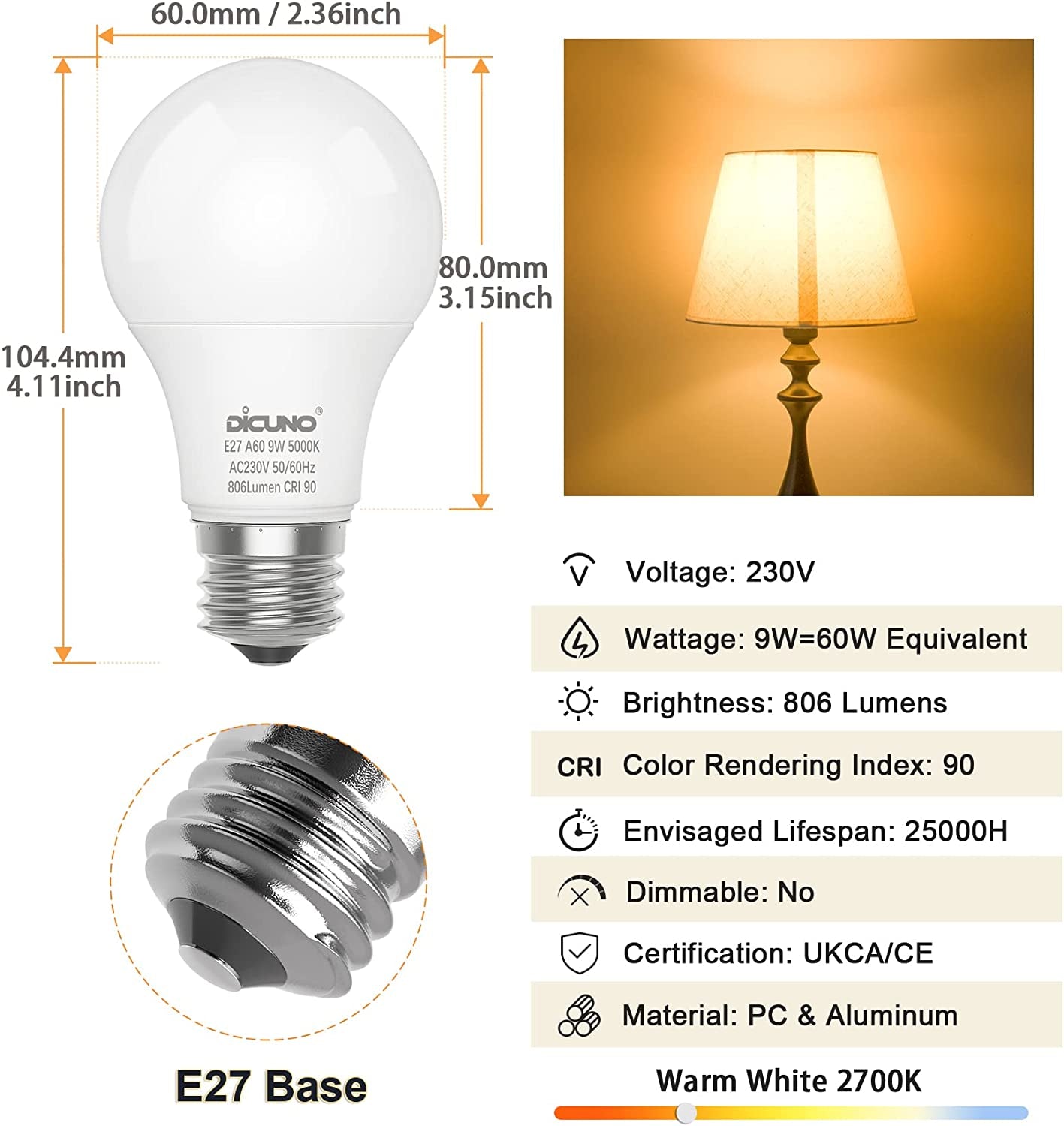 E27 Bulb, LED Light Bulb, 9W Equivalent to 60W Incandescent, Warm White White 2700K, 806LM, CRI 90, A60 Edison Screw, Non-Dimmable, Energy Saving E27 Bulbs for Lamp, Pack of 6
