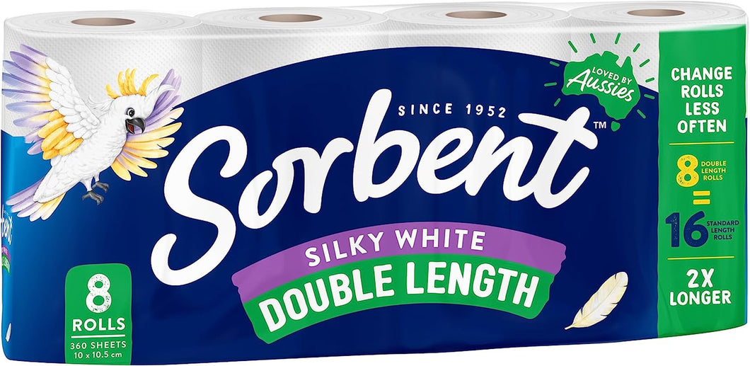 Double Length Toilet Tissue 360 Sheets per Roll (Pack of 8), White