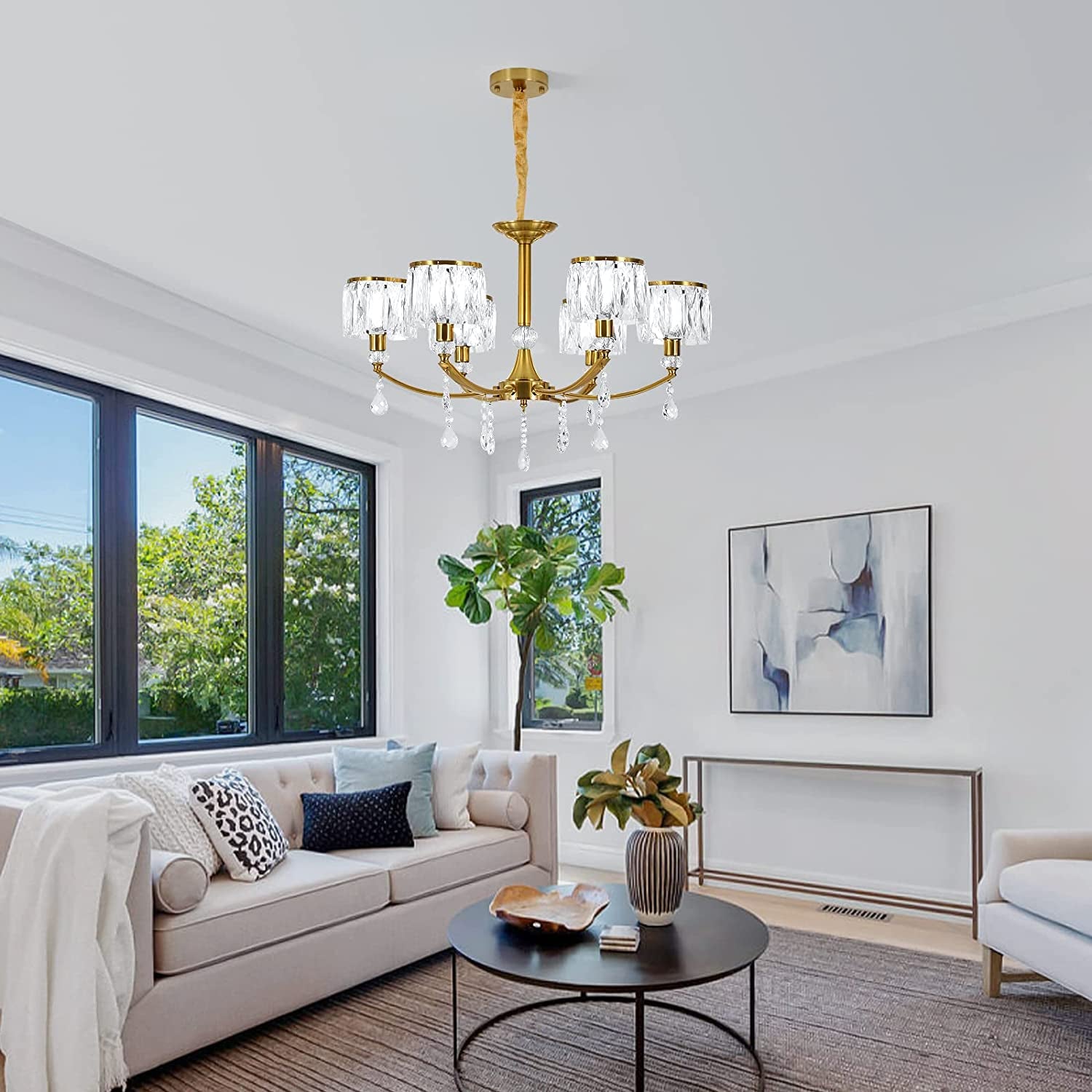 Gold Chandelier,6 Lights Wagon Wheel Chandeliers with Clear Crystal Shades,Modern Mid Century Hanging Pendant Light Fixture for Dining Room Living Room Bedroom(E14 Base)