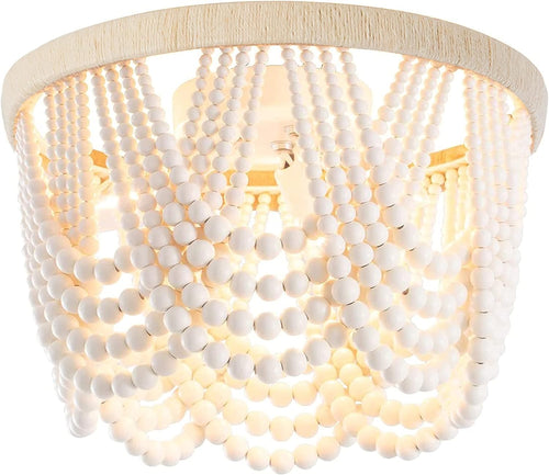 Bohemia Wood Beaded Chandelier Flush Mount Ceiling Light,Farmhouse Antique White with Hemp Rope Mini Pendant Light Fixture for Bedroom,Hallway, Entryway, Passway, Dining Room,3-Light