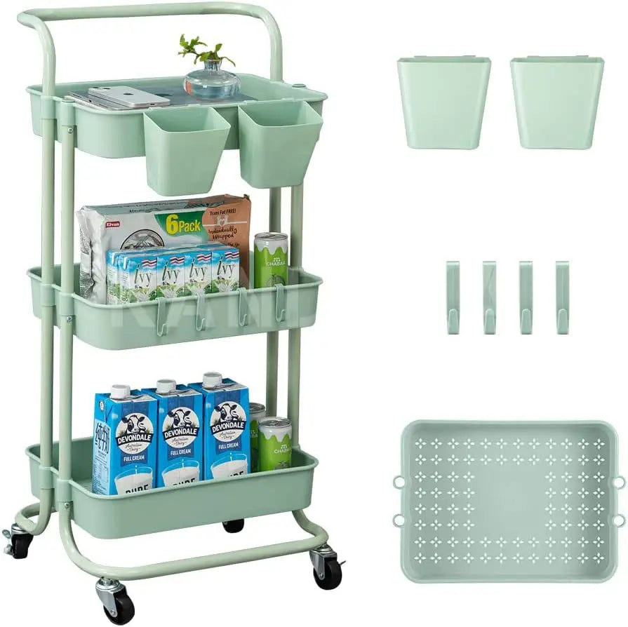 3 Tier Rolling Cart Organizer Kitchen Utility Cart with Wheels Kitchen Storage Cart on Wheels Spice Rack Organizer with Handle & Hooks & Cups Trolley Pantry Organizer Shelf Bathroom Accessories(Green)