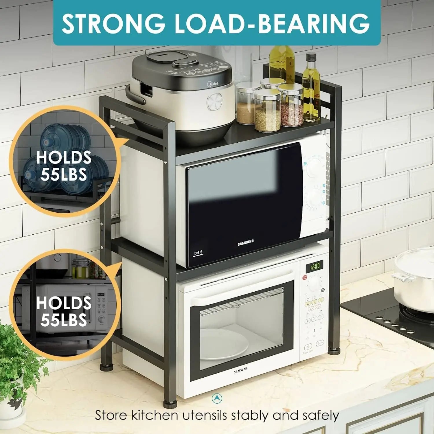 Expandable Microwave Oven Rack Shelf, Meraif Adjustable Width & Height Kitchen Counter Stand Countertop Organizer Microwave Toaster Stand Kitchen Storage Rack 3 Tiers with 3 Hooks