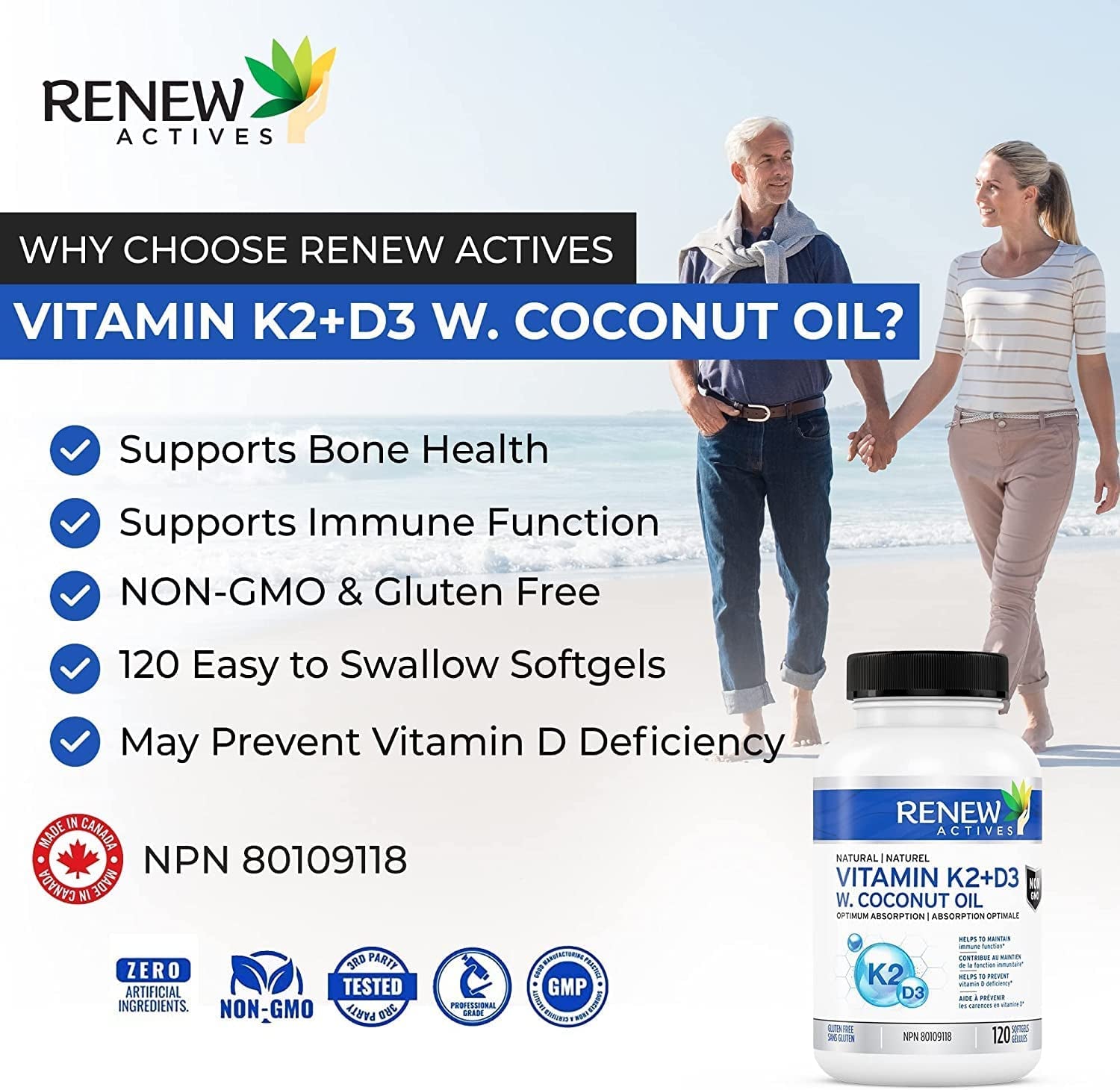 HIGH POTENCY  D3 K2 Supplement with Organic Coconut Oil for Enhanced Absorption - 1000 UI Vitamin D and 120 MCG of Vitamin K - Supports Bone, Teeth & Heart Health. Natural Immune Support. 120 Easy to Swallow Capsules. Made in Canada!