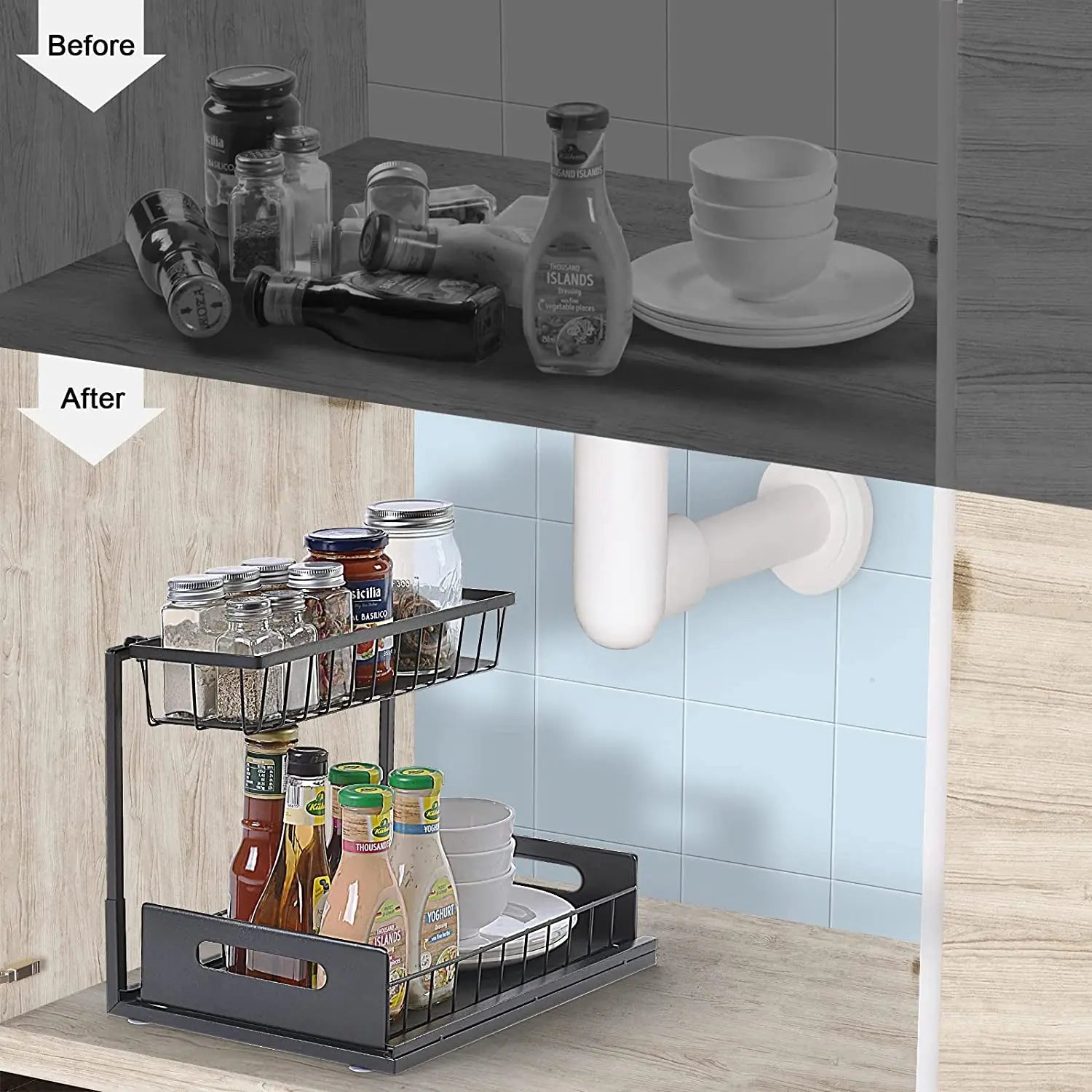 2-Tier under Sink Sliding Storage Drawer,Kitchen Organiser Rack,Pull-Out Sliding Baskets for Cupboard,Bathroom,Cabinet