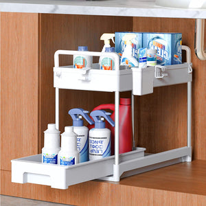under Sink Organizers and Storage, Kitchen Storage Rack 2 Tier Drawer Pull-Able Cabinet Basket Organizer Bathroom Storage Rack with Hooks, DIY Removable Dividers (White)