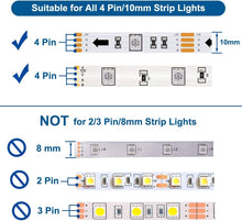 Load image into Gallery viewer, LED Light Strip Connectors, 10Mm Unwired 4 Pin RGB LED Lights Connectors Kit, 12 Gapless Connectors, 6 L Shape Connectors for SMD 5050 Multicolor LED Strip 12V-24V with 20 Wire Clips, Open Tool
