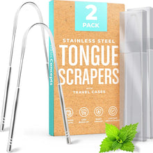 Load image into Gallery viewer, Tongue Scraper with Cases (2 Pack), Reduce Bad Breath, Stainless Steel Tongue Cleaners, Metal Tounge Scrappers, Tongue Scraper Cleaners, Easy to Use and Clean Tongue Scrapers Adults
