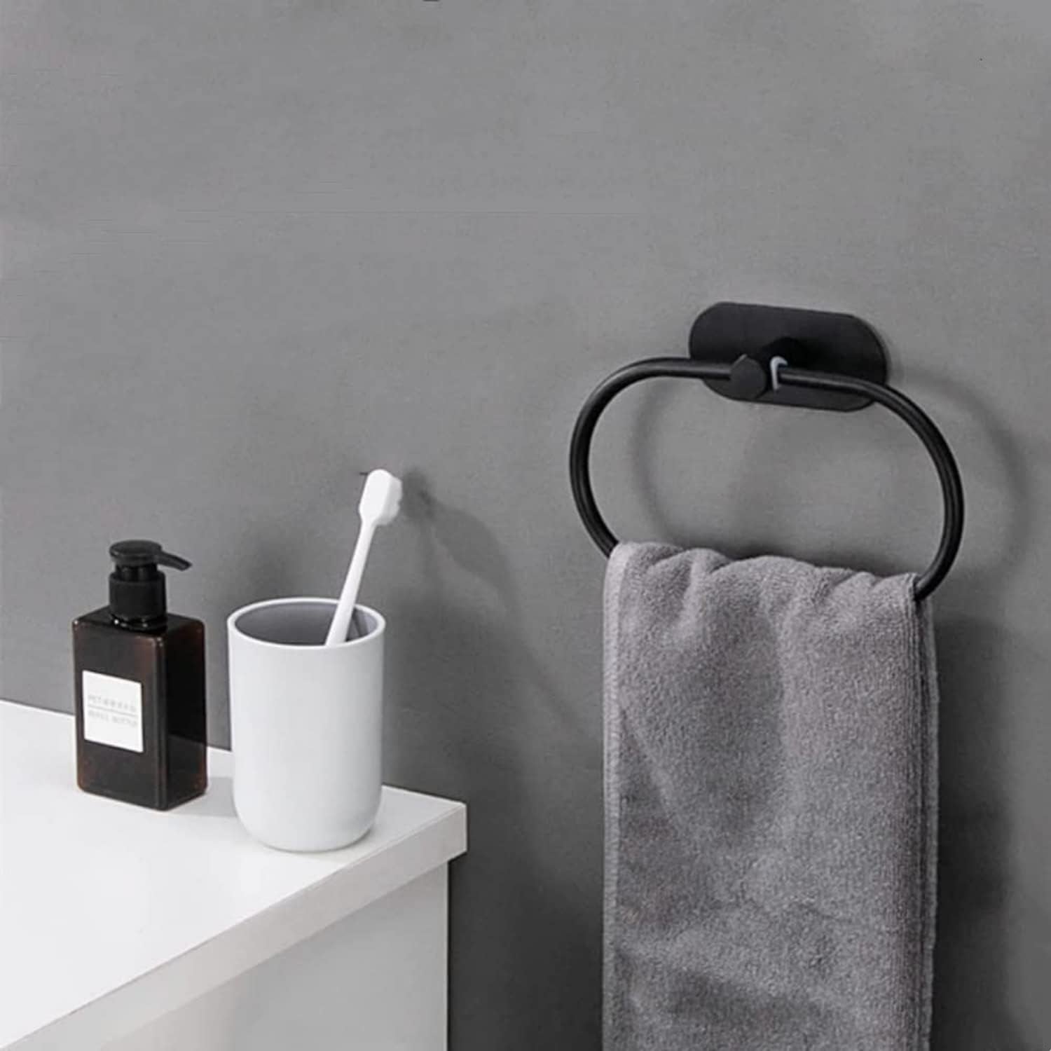 Stainless Steel Towel Ring No Drilling 3M Self Adhesive Towel Holder Bathroom and Kitchen Towel Rack （Black Oval）