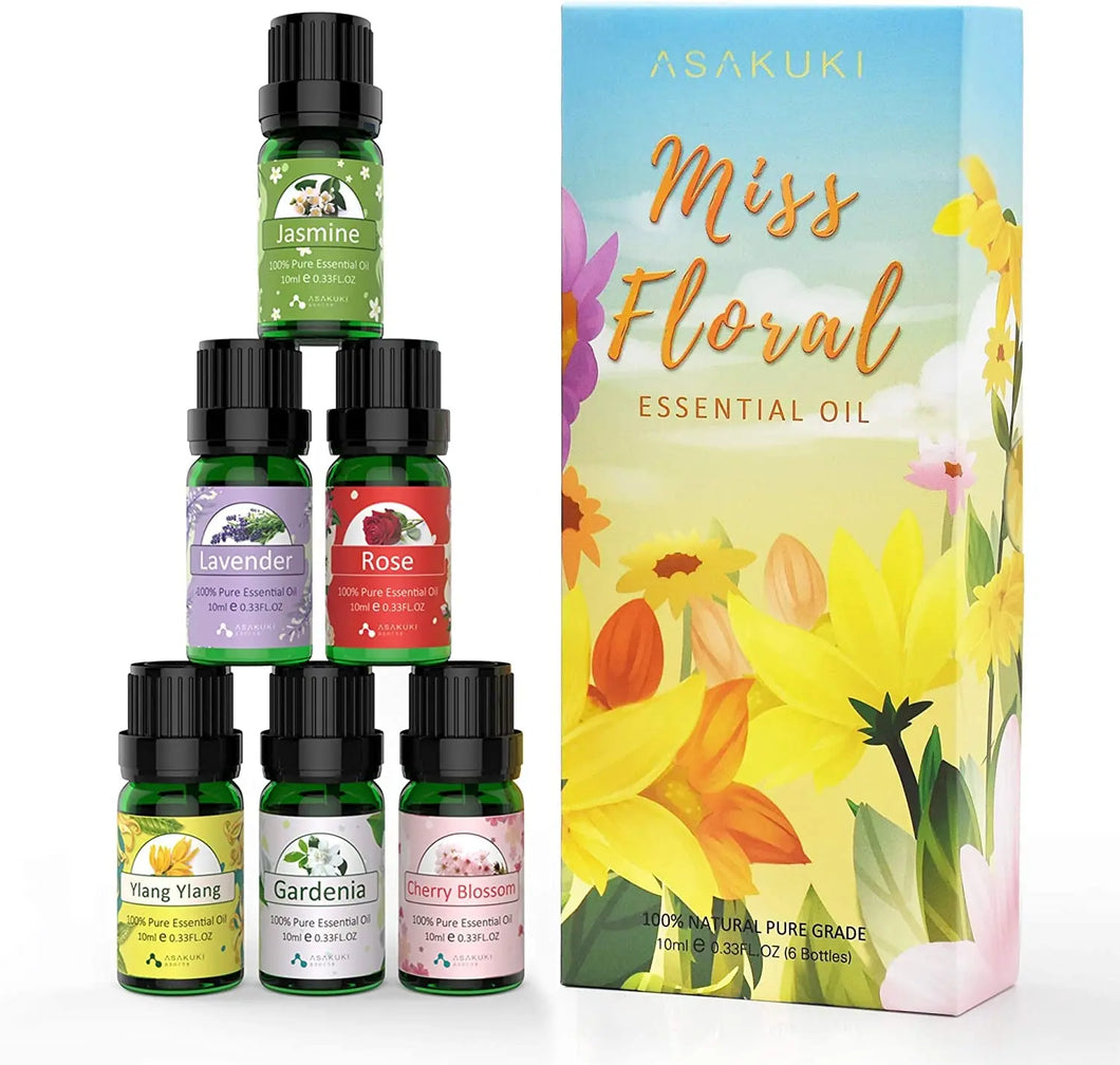 Floral Essential Oil Set, Top 6 Natural 100% Pure Aromatherapy Oils for Oil Diffusers, Jasmine, Ylang Ylang, Gardenia, Rose, Cherry Blossom, Lavender for Home and Office, Promote Focus, Positivity and Happiness
