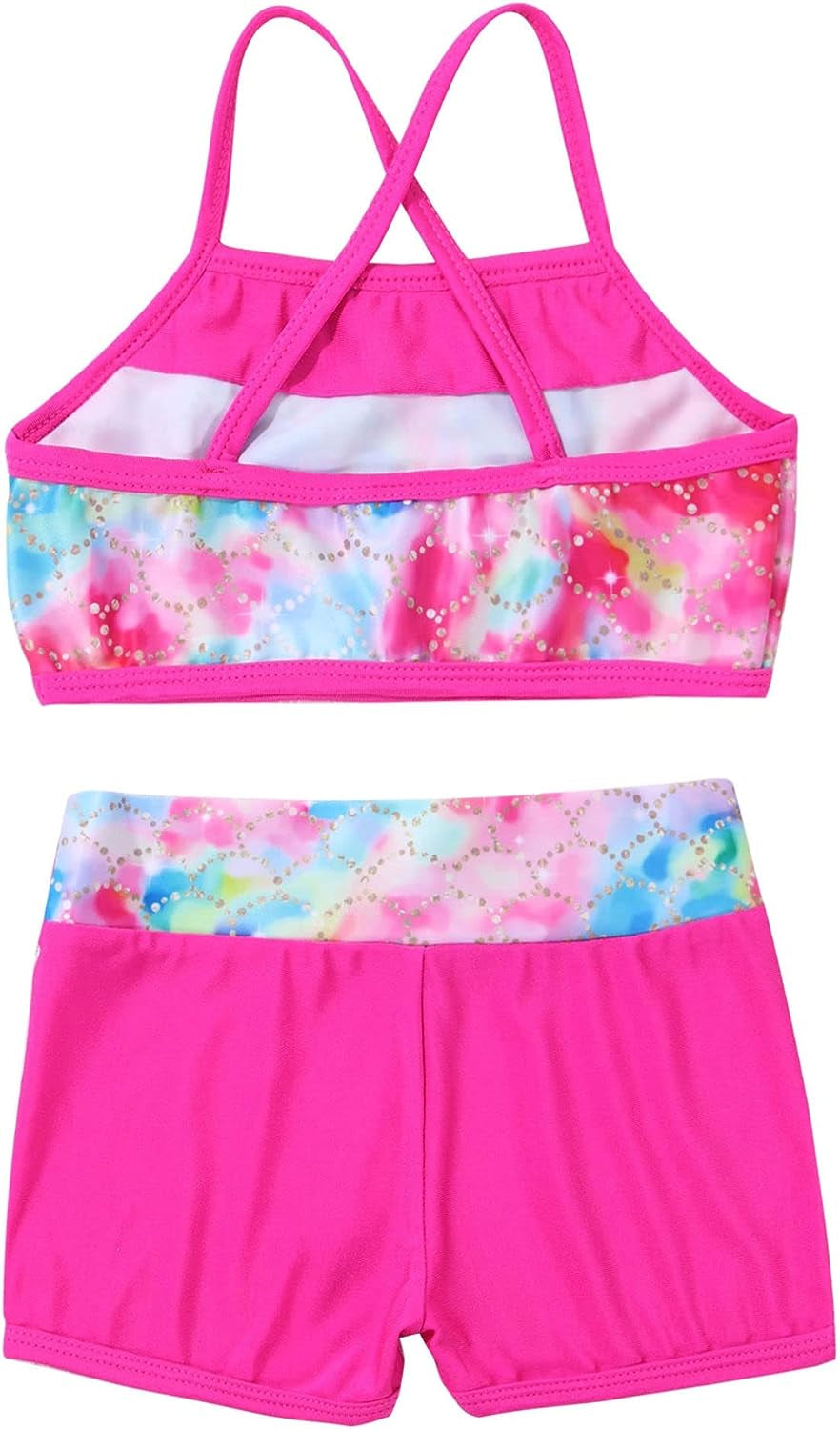 Kids Girls 2Pcs Actviewear Gymnastics Sports Ballet Dance Outfit Camis Crop Top with Shorts Tankini Set