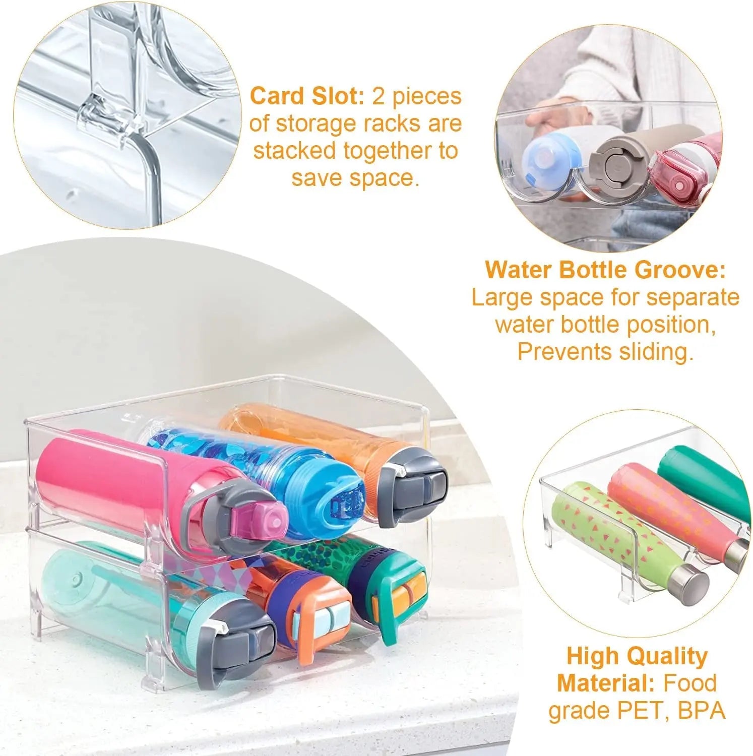 Plastic Water Bottle Organizer, 2 Pack Stackable Water Bottle Storage Rack Organizer for Kitchen Cabinets Countertop, Pantry, Fridge, Wine and Water Bottle Holder Hold 6 Bottles