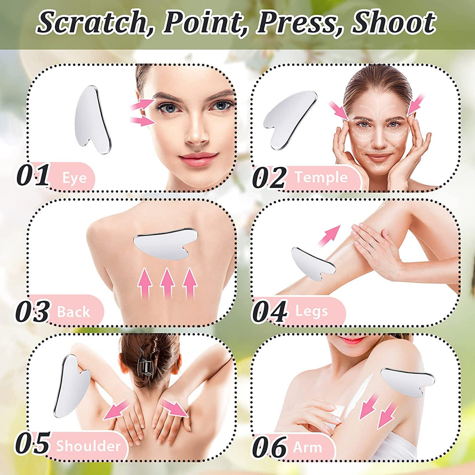 Stainless Steel Gua Sha Facial Tools Guasha Tool for Face Metal Gua Sha Tighten Skin Heart Massage Guasha Beauty Tool for Body Eyes Neck Massager with Travel Pouch (Silver, Heart Style)