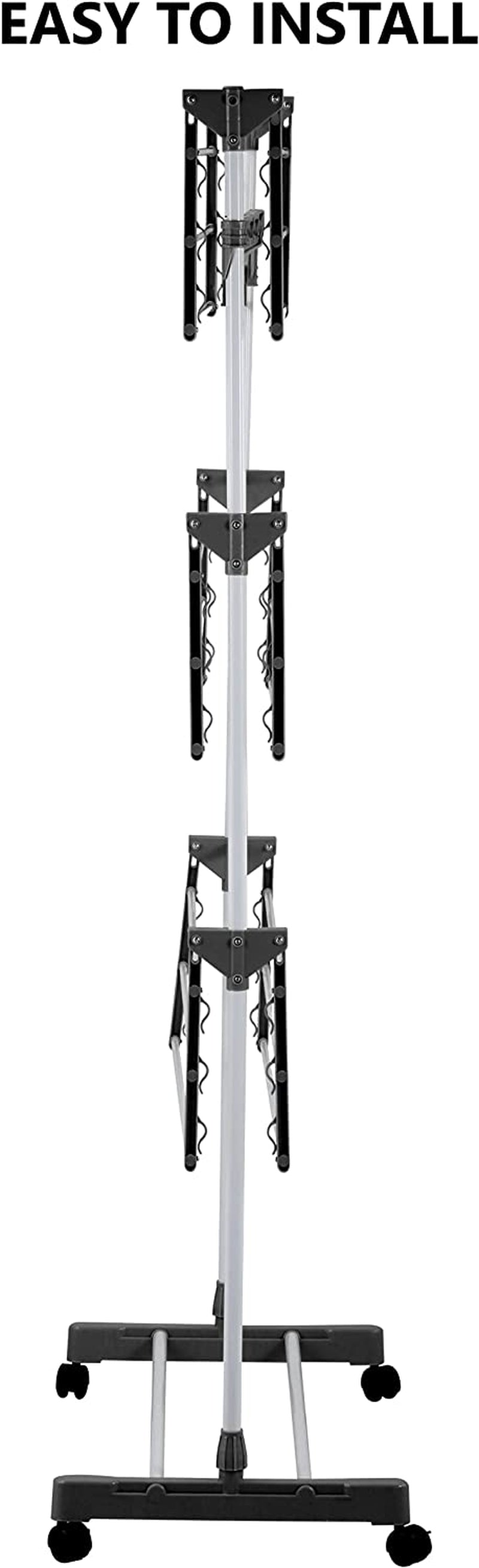 Folding 3 Tier Clothes Laundry Drying Rack, Stainless Steel Tubes, Rolling Collapsible Garment Laundry Dryer Hanger Stand Rail Indoor & Outdoor Home