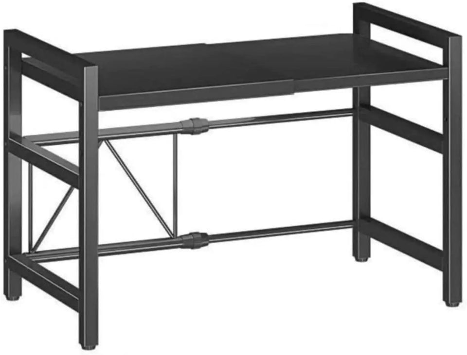 Expandable Microwave Oven Rack. Adjustable Length and Height Kitchen Stand Counter Shelf with 3 Hooks for Kitchen Storage & Organization, Black (1 Tier)