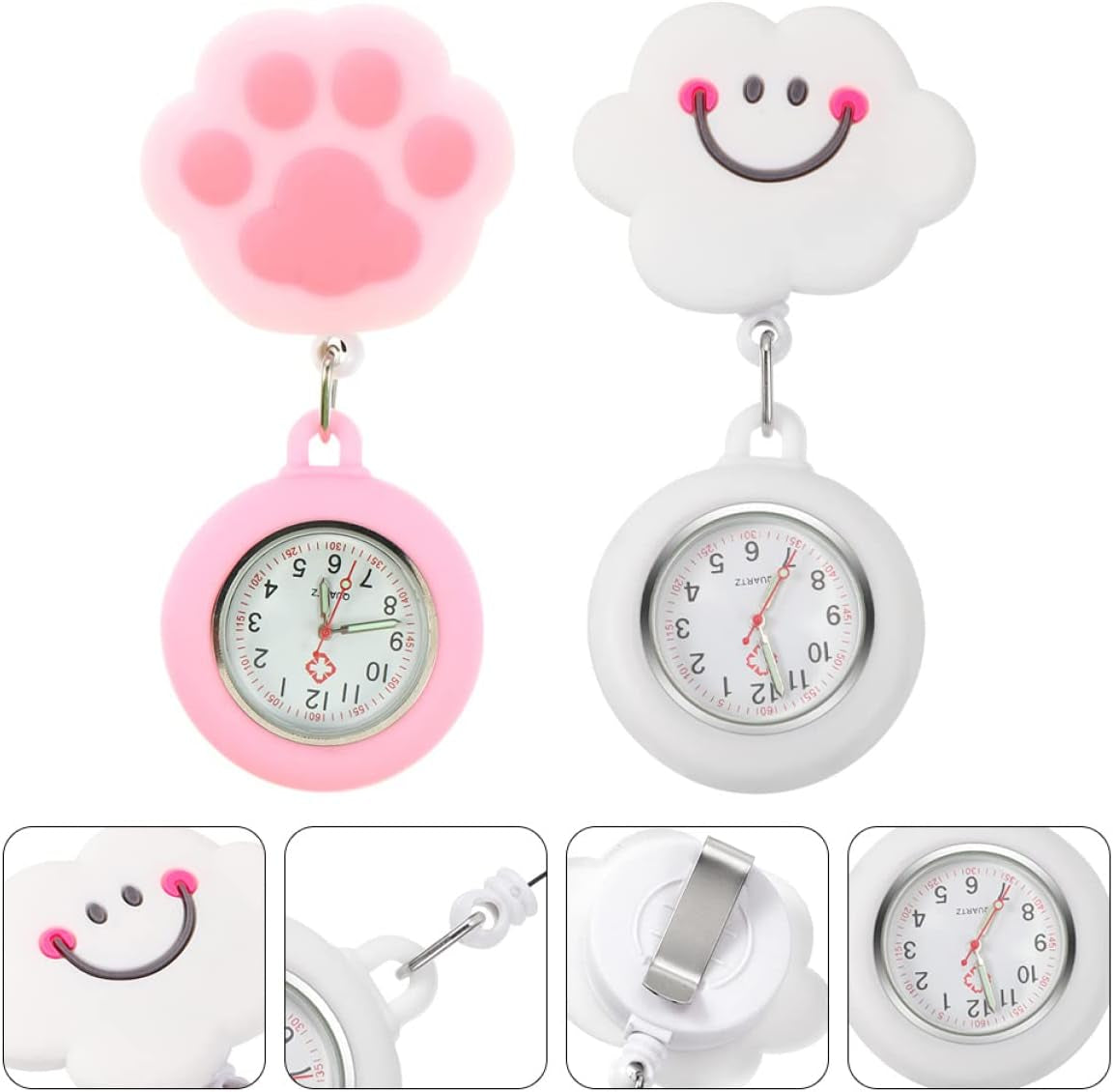 2Pcs Portable & White Nurses Silicone Girls Clip- Watches and for Badge Gift Lapel Cat Girl Clip-On Retractable Adorable Pattern Shaped Potable Hanging Cloud Nurse Fashionable