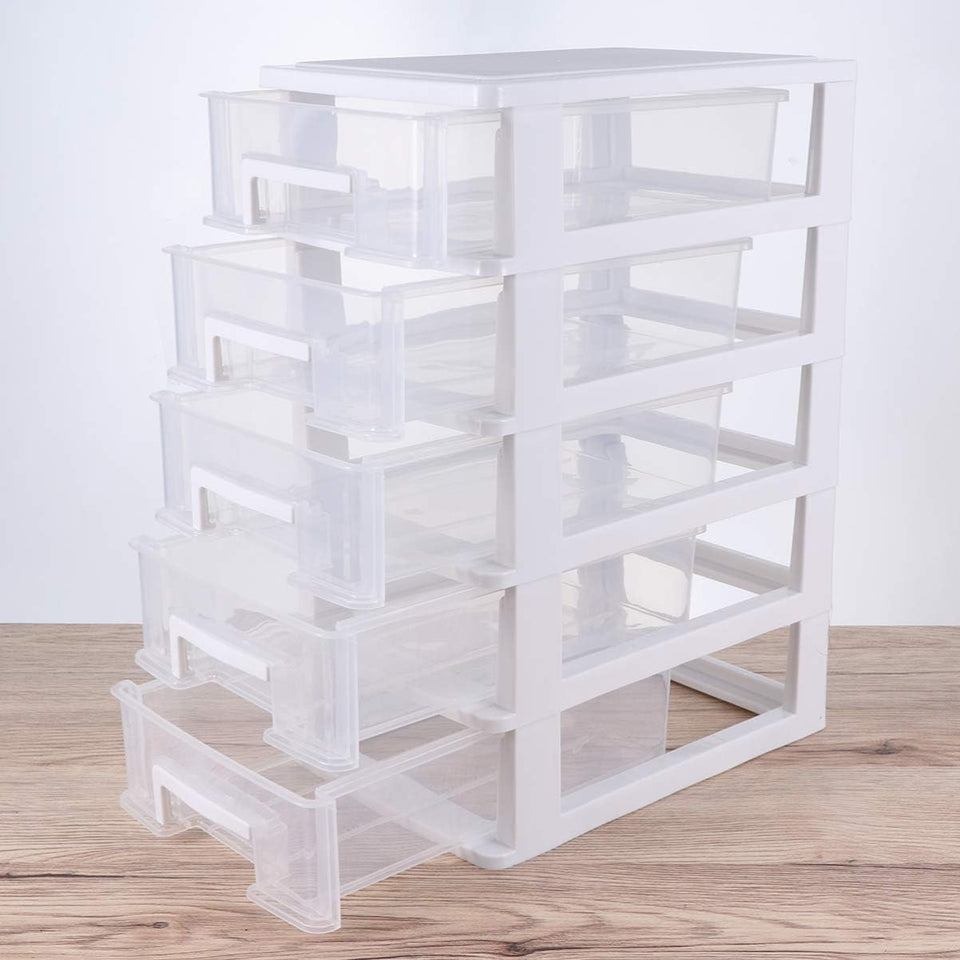 Multifunctional Five- Layer Storage Cabinet, 8.3X5.9X12.3Inch, 5 Drawer Storage Tower, Organizer Box, Storage Container Case with Clear Drawer, Organizer Sundries Holder| White