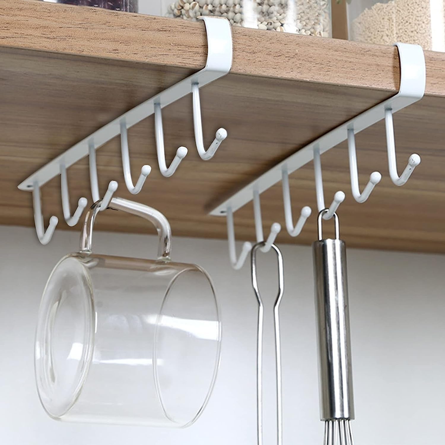 2Pack under Cabinet 6-Mug Hooks under Shelf, Multi-Function Cup Mug Holder for Kitchen under the Closet Hanging Organizer Hooks, Kitchen Storage Rack Hooks Utensil for Mug Cabinet Shelves White