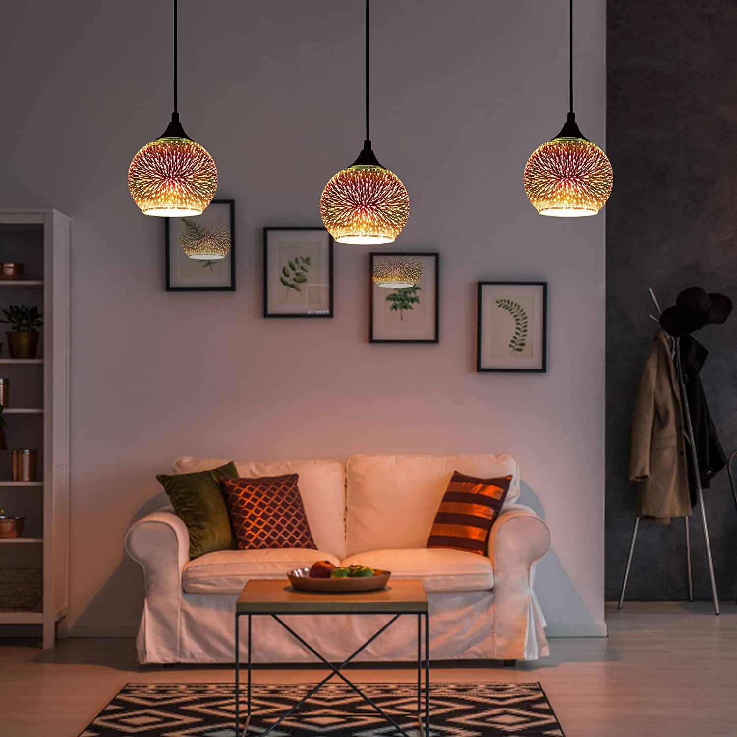 a Set of 3 Modern Glass Pendant Lights,Colourfull 3D Firework Lamp,Suitable for Island Living Room,Kitchen,Dining Room Etc